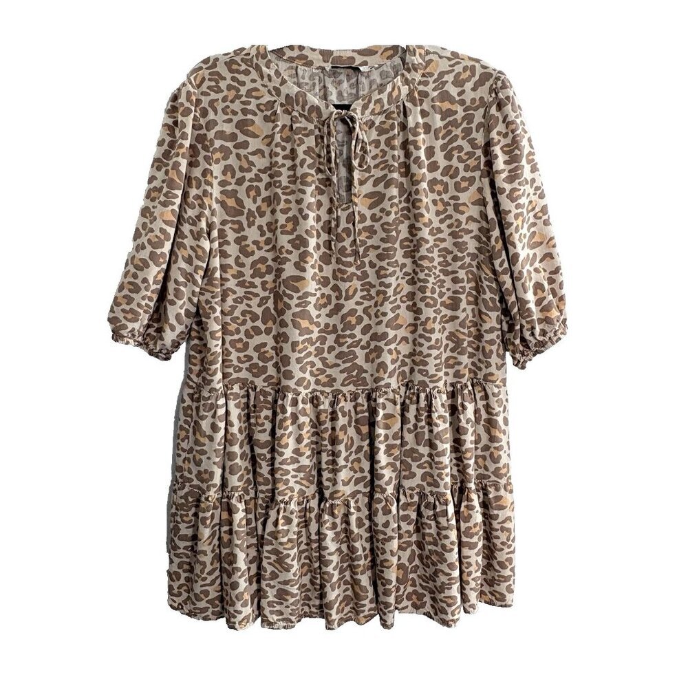 PETAL PUP Women Boho Short Puff Sleeve Mini Dress Sz XL Brown Leopard Print 6-22